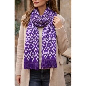 Purple Ikat Knit Scarf Wrap Shawl Womens Woven Fringe Boho Chic  74x22